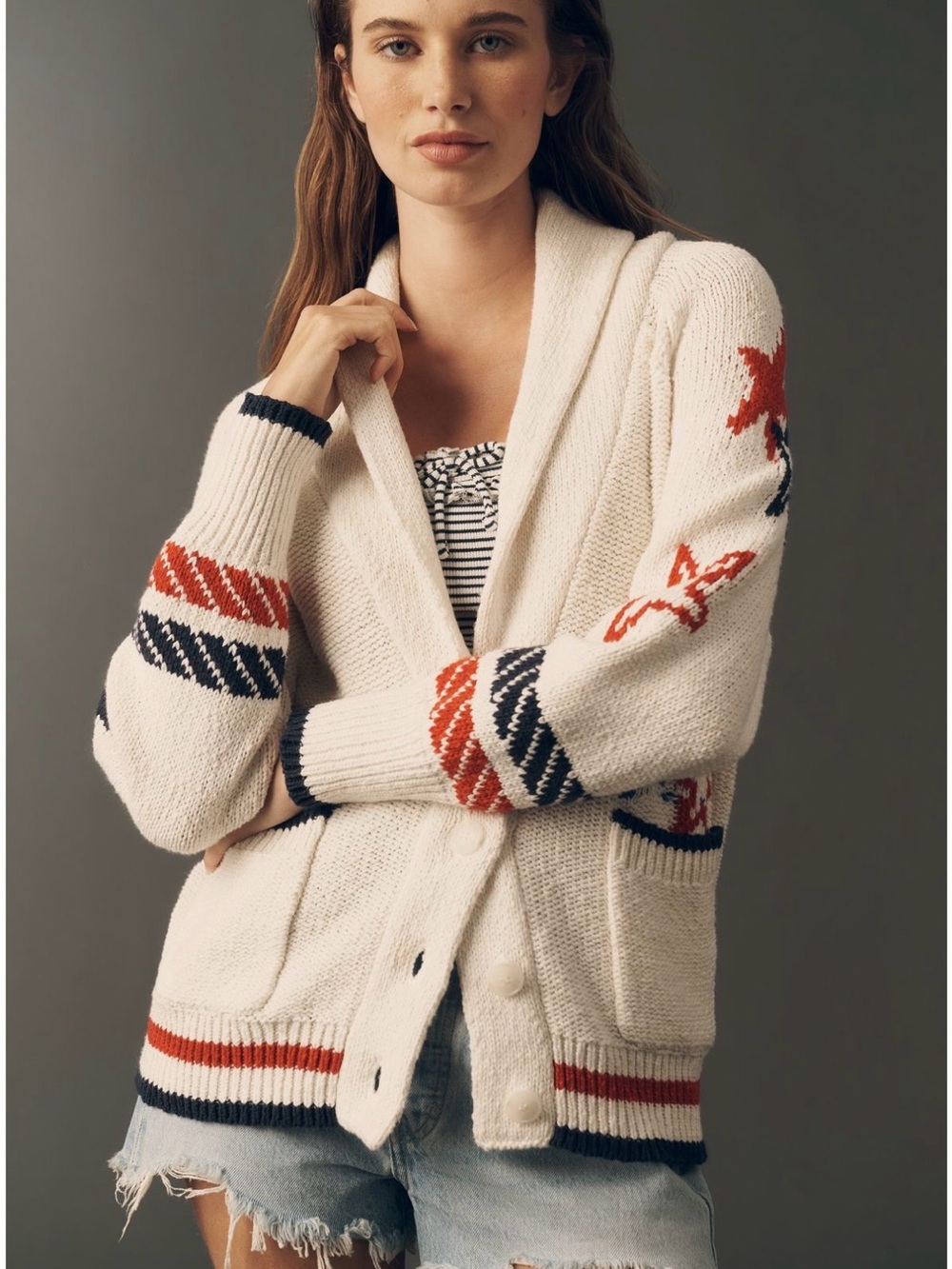NWT Anthropologie Cream Nautical Sailboat Red & Blue Stars Cozy Cardigan SZ XS - Picture 2 of 16